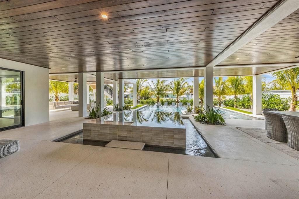 Exterior, Pool, Recessed Lighting, Water, Wooden Ceilings