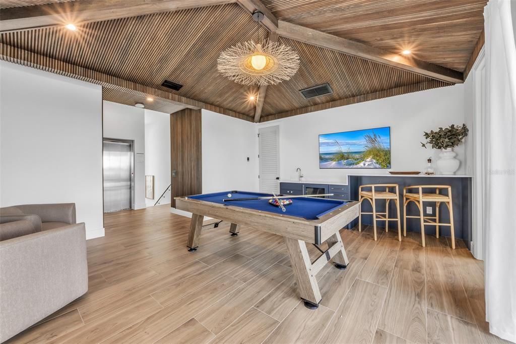 Billiard Table, Game Room, Interior, Recessed Lighting, Wooden Ceilings, Wood Texture Flooring