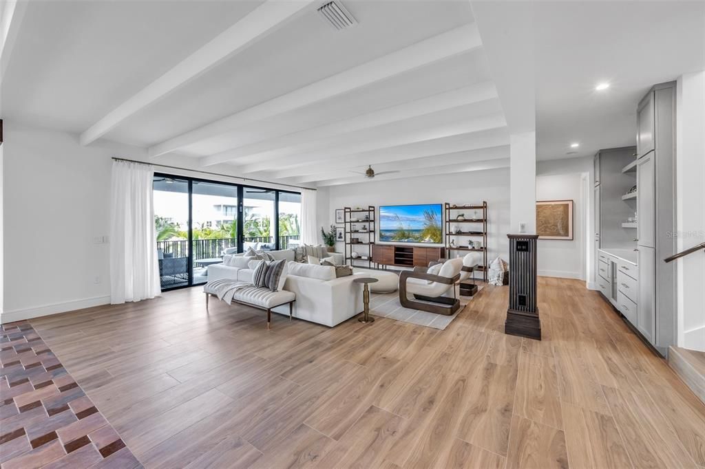 Fireplace, Interior, Living room, Recessed Lighting, Wood Texture Flooring