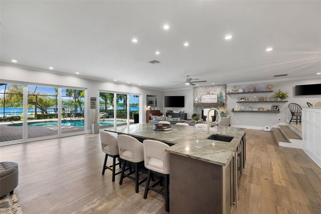 Dining room, Interior, Kitchen, Recessed Lighting, Water, Wood Texture Flooring