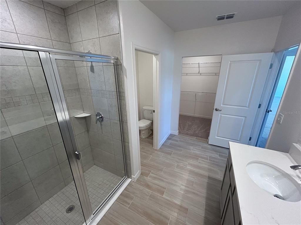 Bathroom, Glass Shower, Interior, Wood Texture Flooring