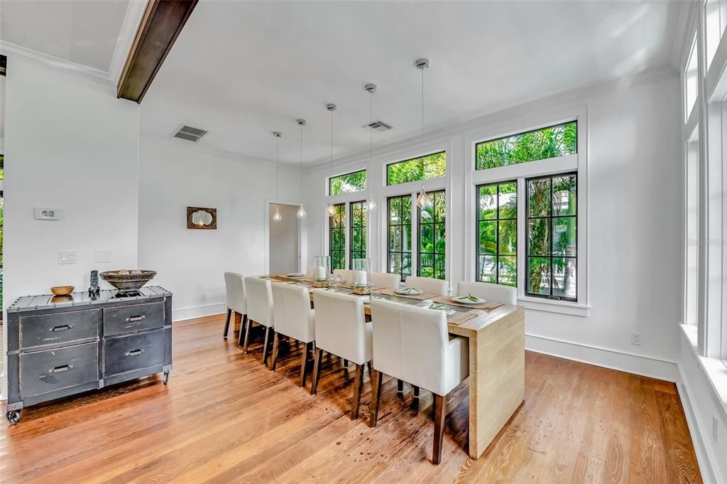 Dining room, Interior, Pendant Lights, Wood Texture Flooring