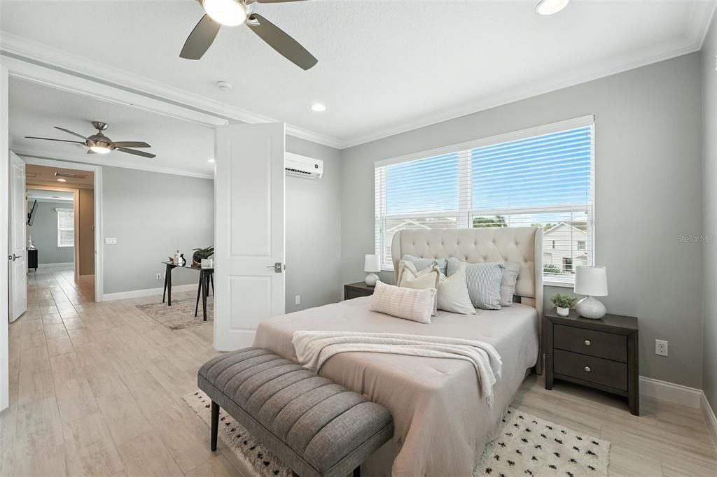 Bedroom, Interior, Recessed Lighting, Wood Texture Flooring