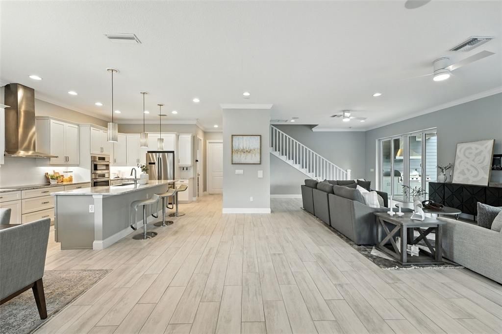 Interior, Kitchen, Living room, Pendant Lights, Recessed Lighting, Stainless Steel Appliances, Wood Texture Flooring