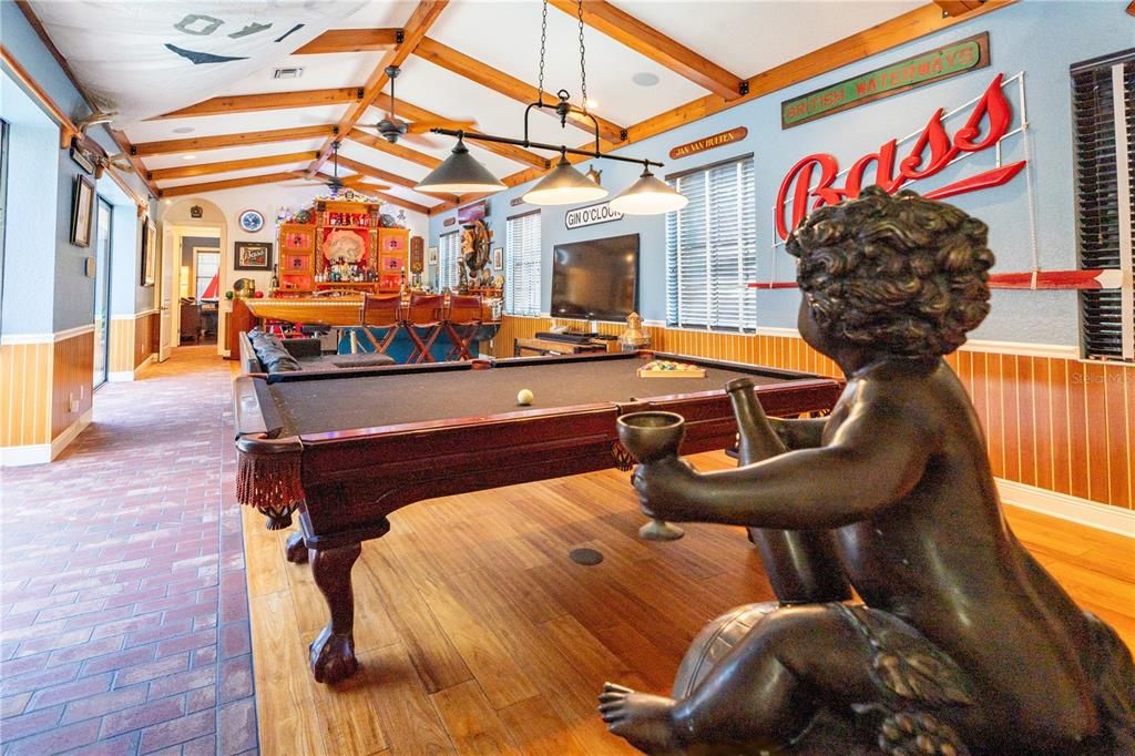 Billiard Table, Game Room, Interior, Pendant Lights, Recessed Lighting, Wooden Beams, Wood Texture Flooring