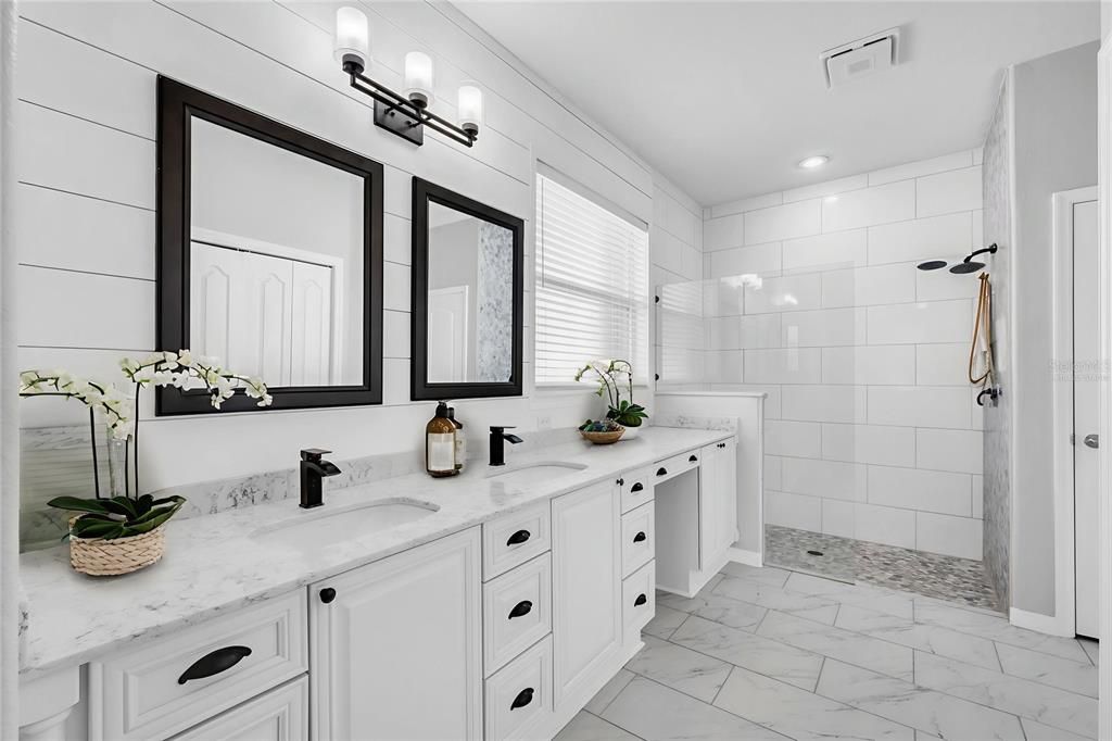 Bathroom, Dual Sink Vanities, Interior, Marble, Recessed Lighting