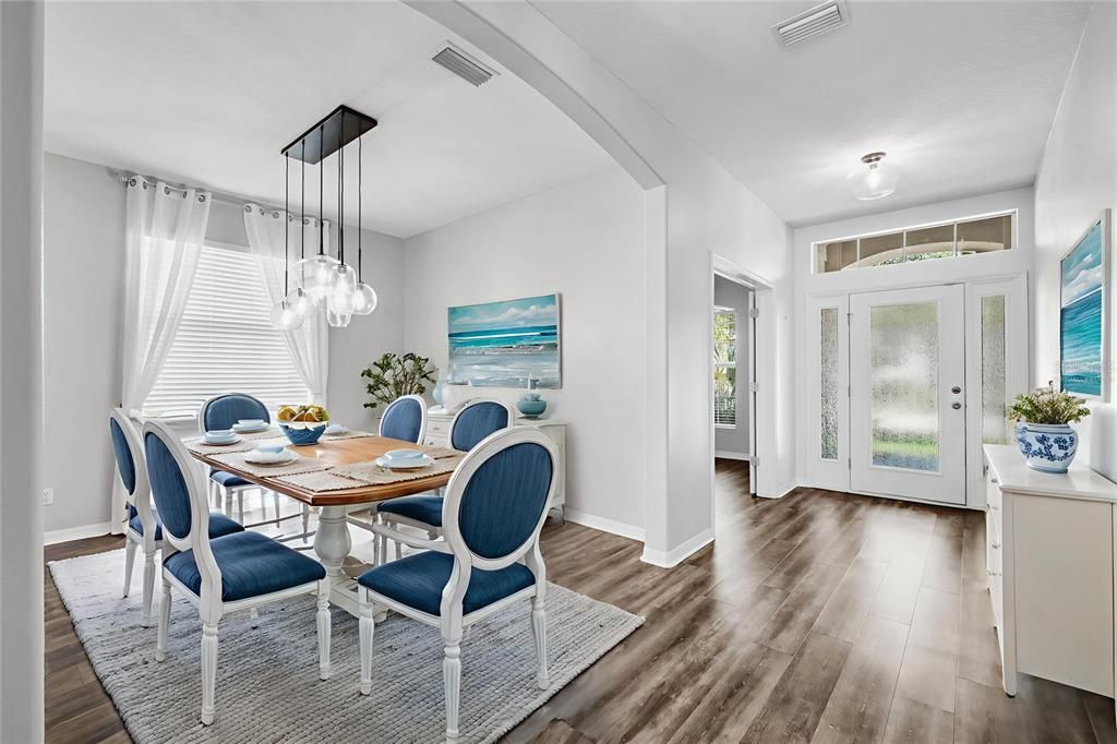 Dining room, Interior, Pendant Lights, Wood Texture Flooring