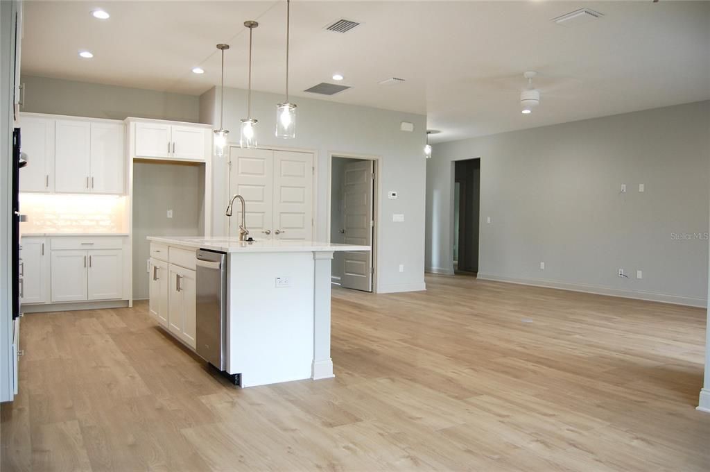 Interior, Kitchen, Pendant Lights, Recessed Lighting, Wood Texture Flooring