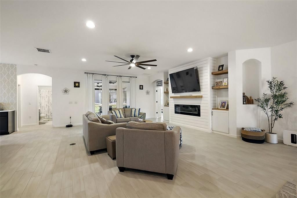 Fireplace, Interior, Living room, Recessed Lighting, Wood Texture Flooring