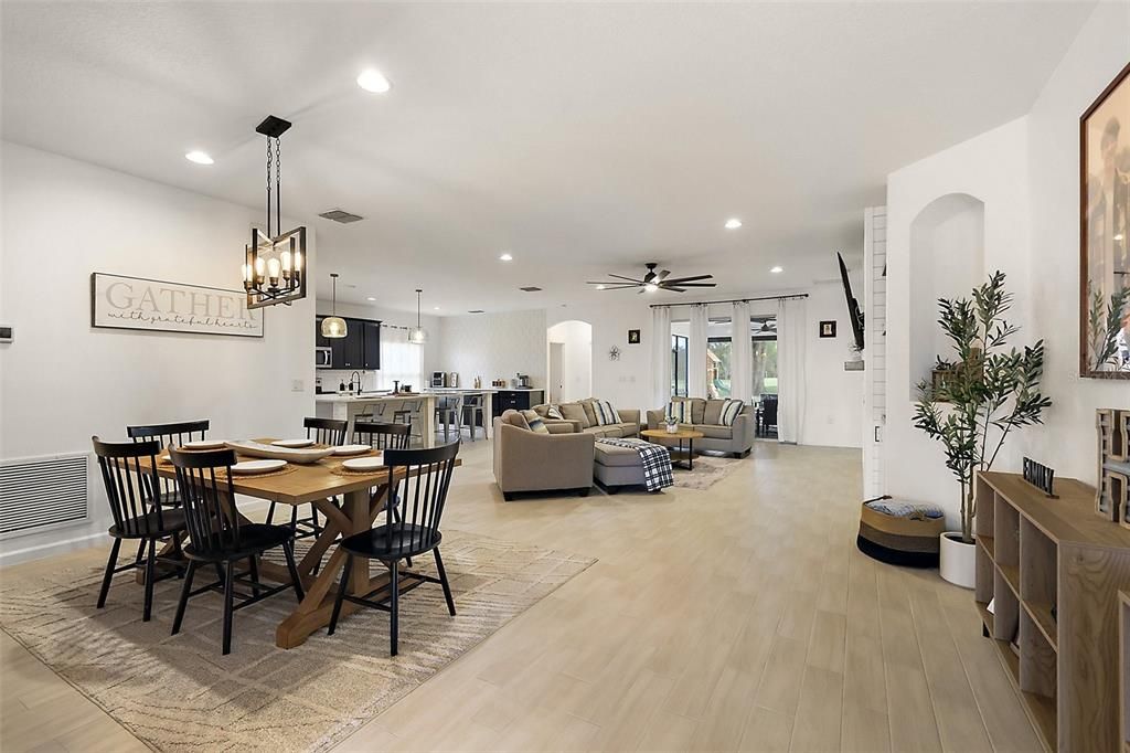 Dining room, Interior, Kitchen, Living room, Pendant Lights, Recessed Lighting, Wood Texture Flooring