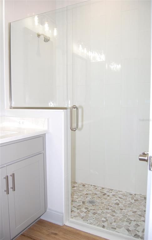 Bathroom, Glass Shower, Interior, Wood Texture Flooring