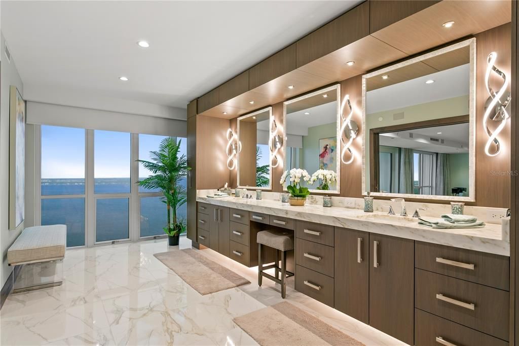Bathroom, Dual Sink Vanities, Interior, Marble, Recessed Lighting, Water