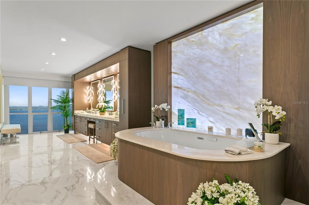 Bathroom, Interior, Marble, Recessed Lighting, Water