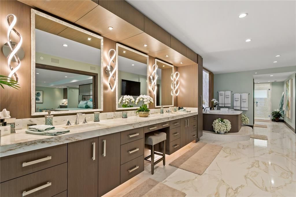 Bathroom, Dual Sink Vanities, Interior, Marble, Recessed Lighting