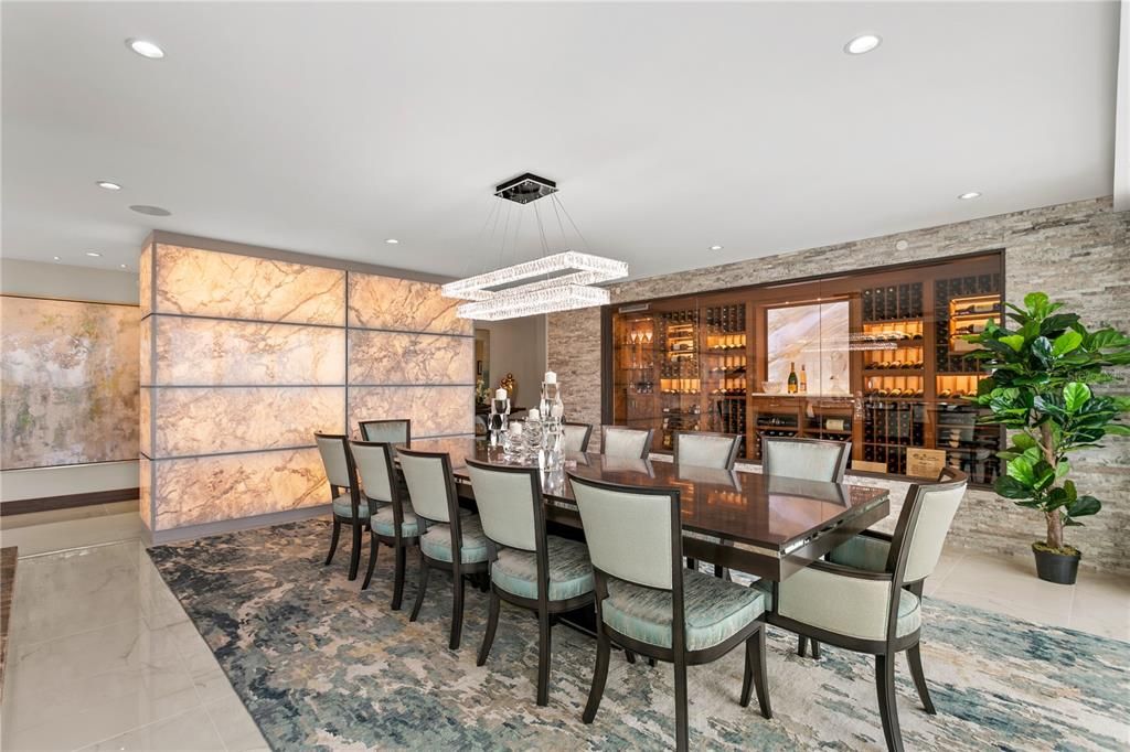 Chandelier, Dining room, Interior, Marble, Recessed Lighting, Stone Walls