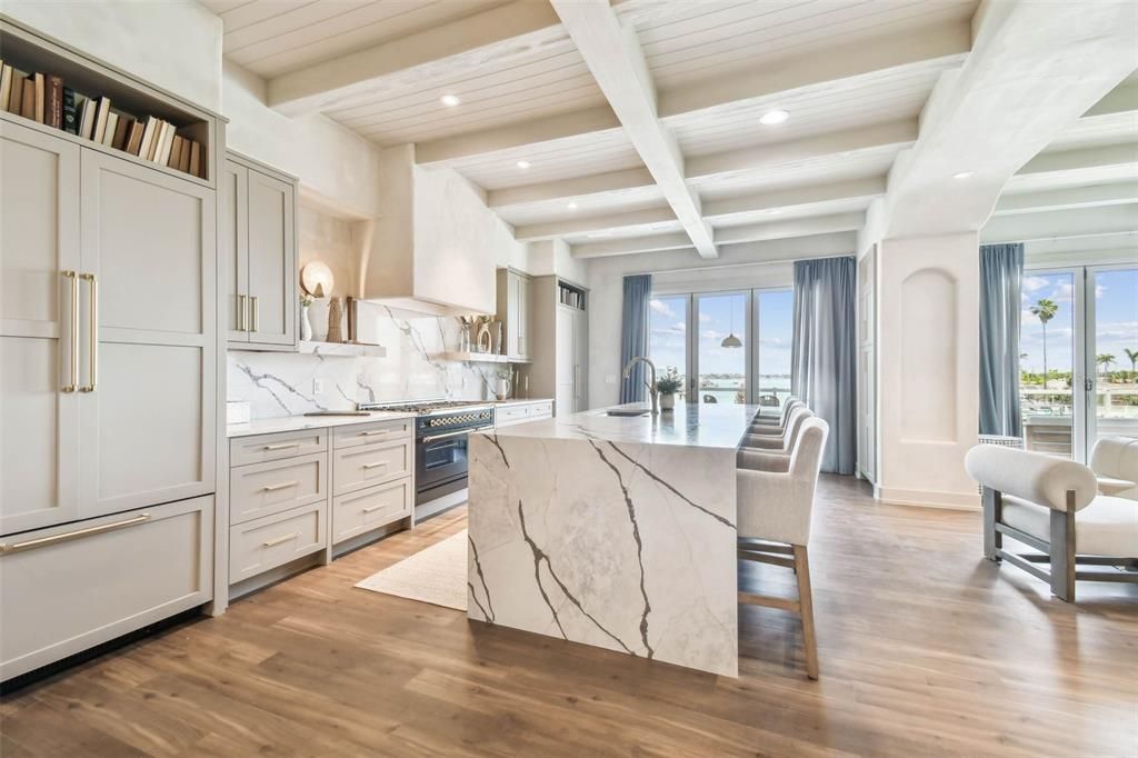 Interior, Kitchen, Marble Walls, Recessed Lighting, Wood Texture Flooring