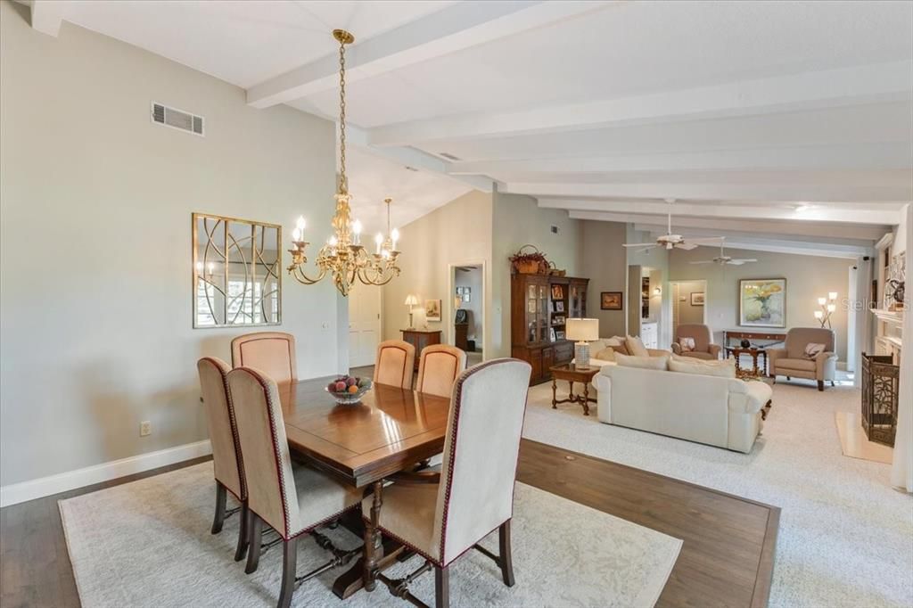 Chandelier, Dining room, Fireplace, Interior, Living room, Wood Texture Flooring