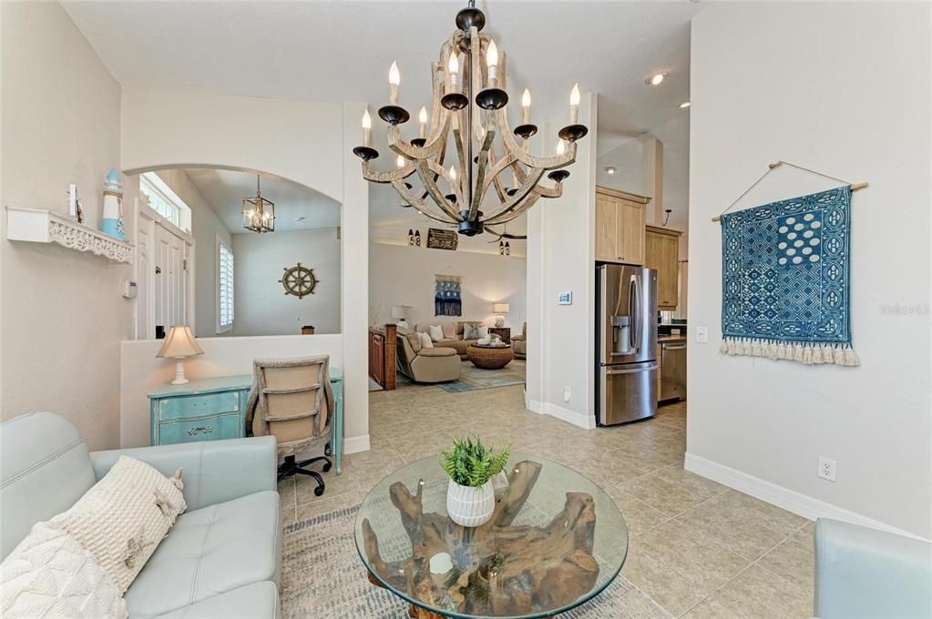 Chandelier, Dining room, Interior, Kitchen, Living room, Recessed Lighting, Stainless Steel Appliances