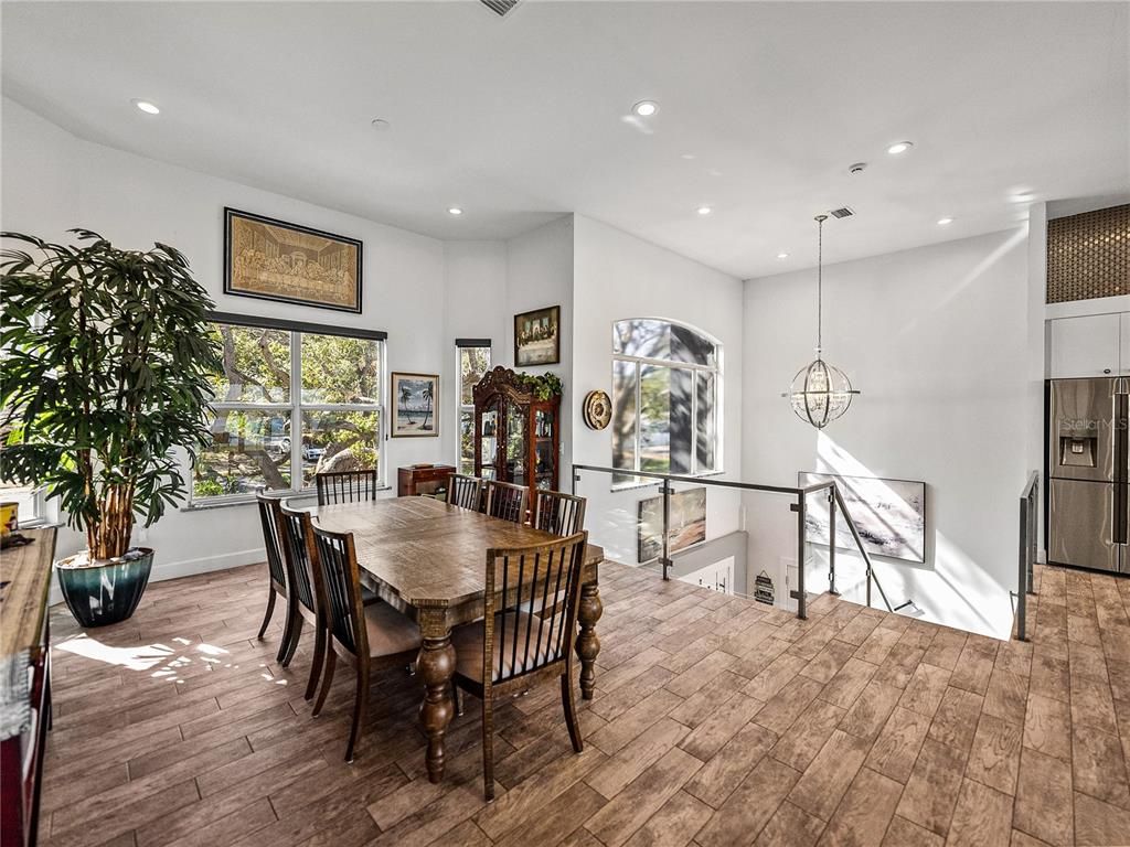 Dining room, Interior, Pendant Lights, Recessed Lighting, Wood Texture Flooring