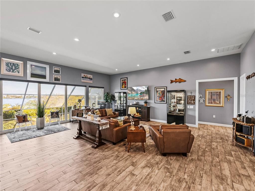 Fireplace, Interior, Living room, Recessed Lighting, Wood Texture Flooring