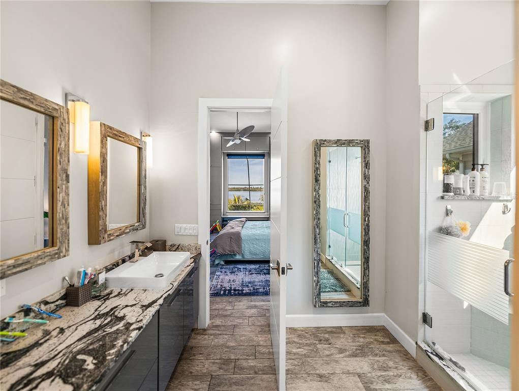 Bathroom, Bedroom, Dual Sink Vanities, Glass Shower, Interior, Wood Texture Flooring