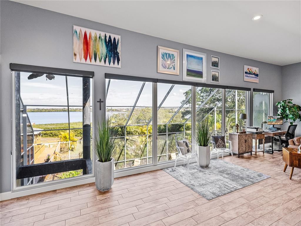 Dining room, Interior, Recessed Lighting, Sun Room, Water, Wood Texture Flooring
