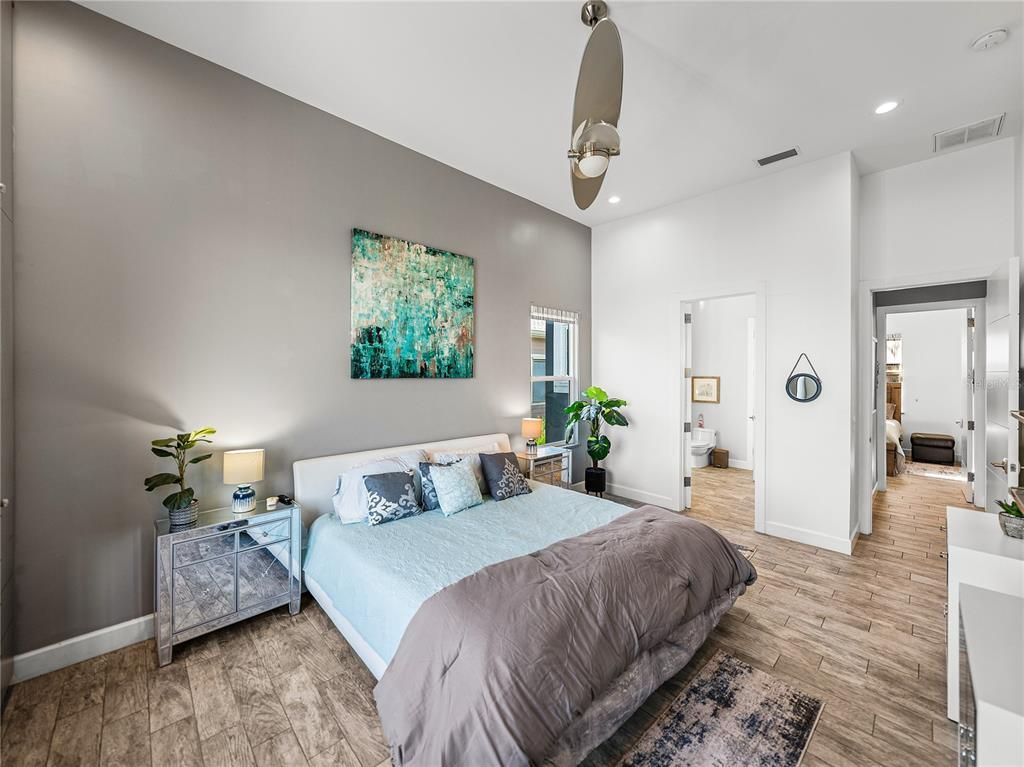 Bedroom, Interior, Recessed Lighting, Wood Texture Flooring