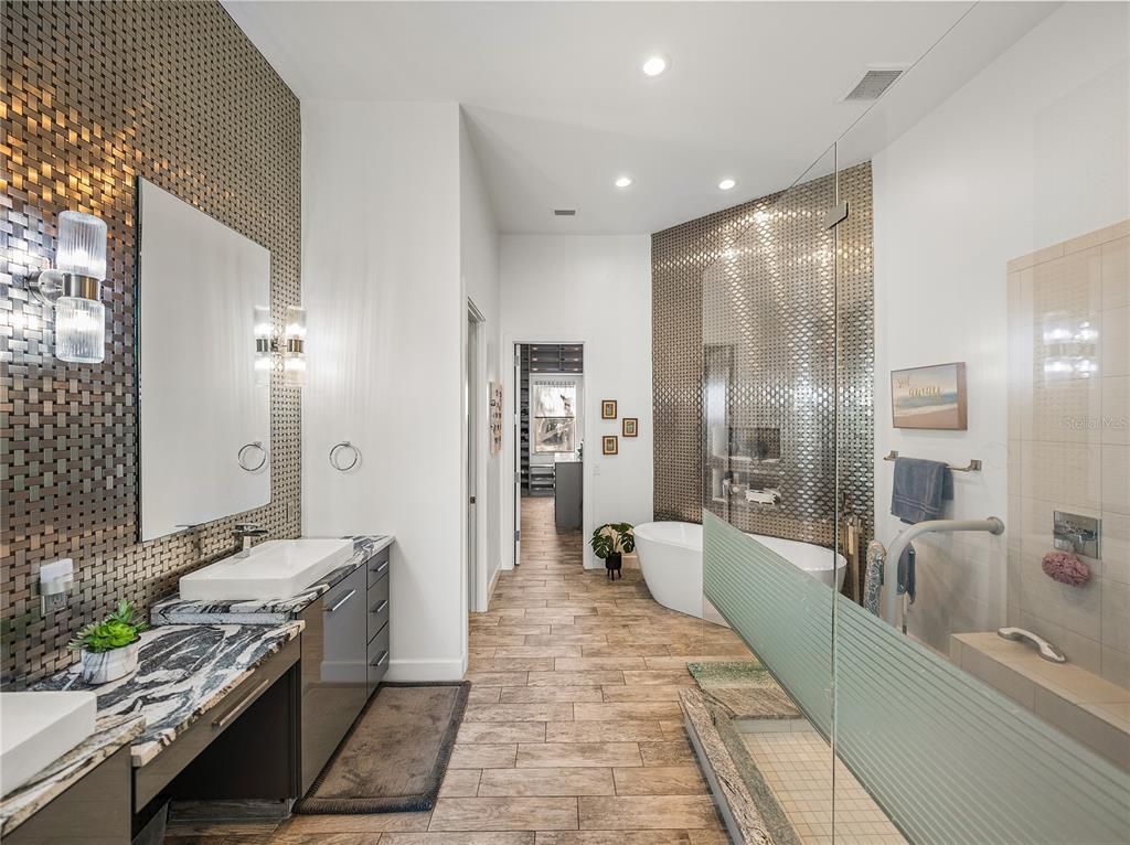 Bathroom, Dual Sink Vanities, Free Standing Baths, Glass Shower, Interior, Recessed Lighting