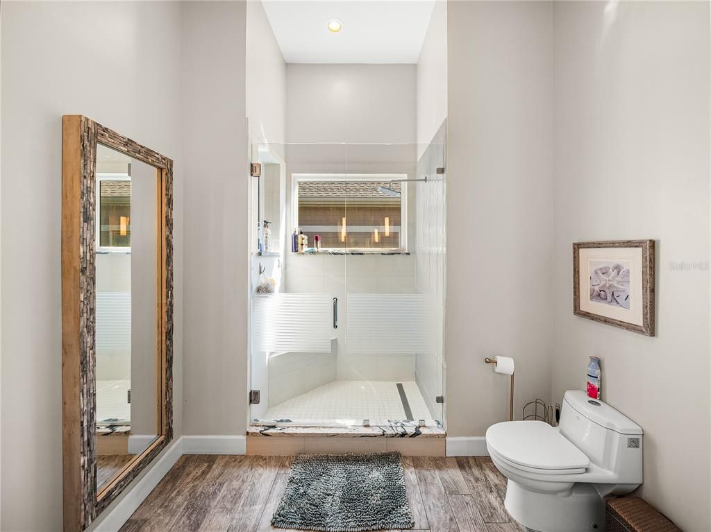 Bathroom, Glass Shower, Interior, Recessed Lighting, Wood Texture Flooring