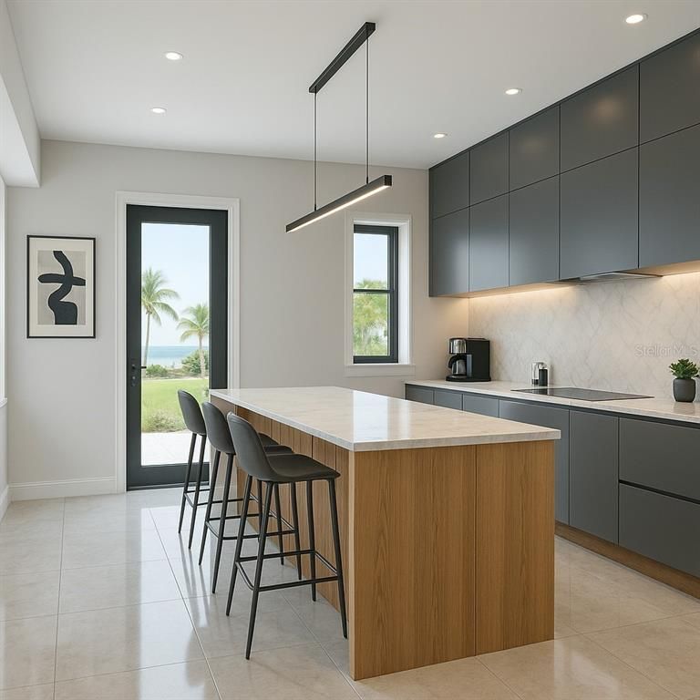 Interior, Kitchen, Marble Walls, Pendant Lights, Recessed Lighting, Water