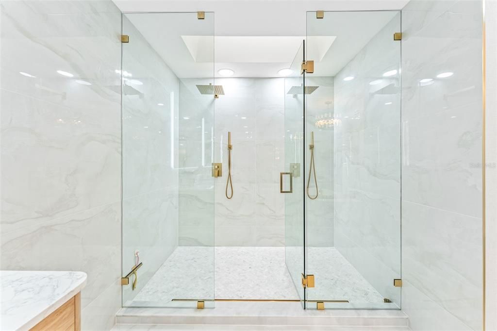 Bathroom, Glass Shower, Interior, Marble Walls, Recessed Lighting