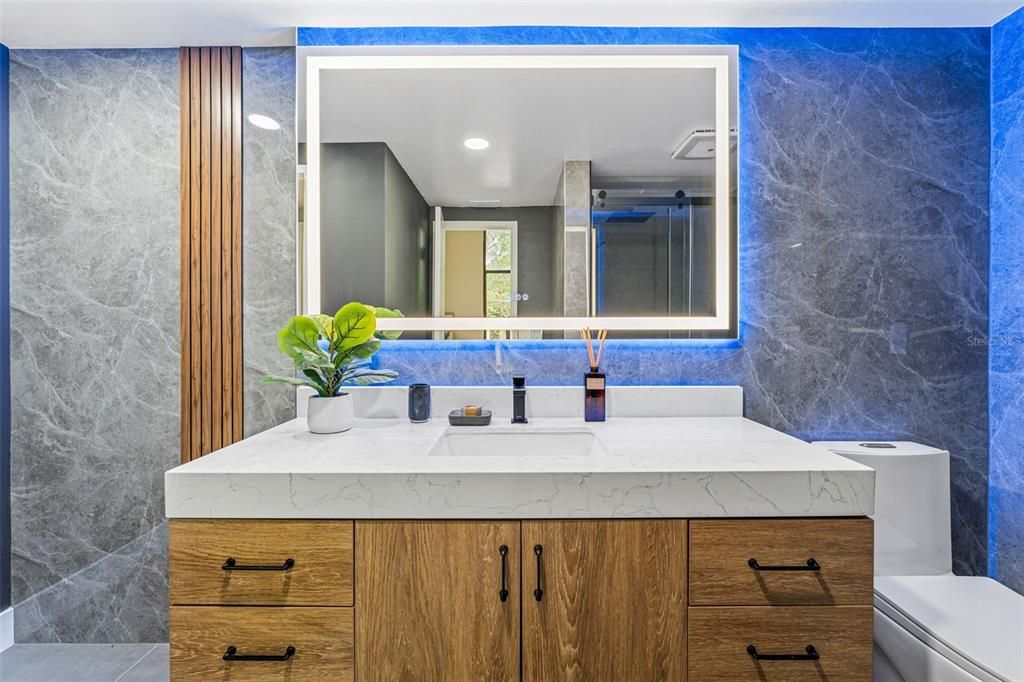 Bathroom, Interior, Marble Walls, Recessed Lighting