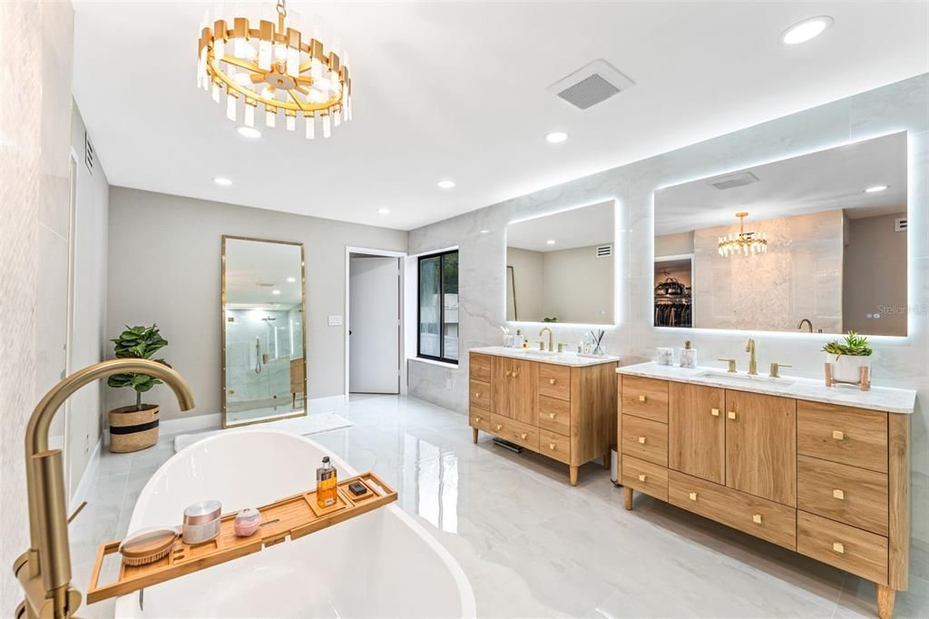 Bathroom, Chandelier, Dual Sink Vanities, Interior, Marble, Recessed Lighting