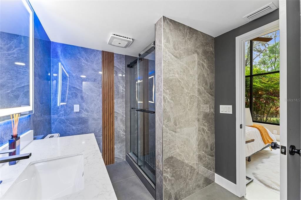 Bathroom, Glass Shower, Interior, Marble, Marble Walls, Recessed Lighting