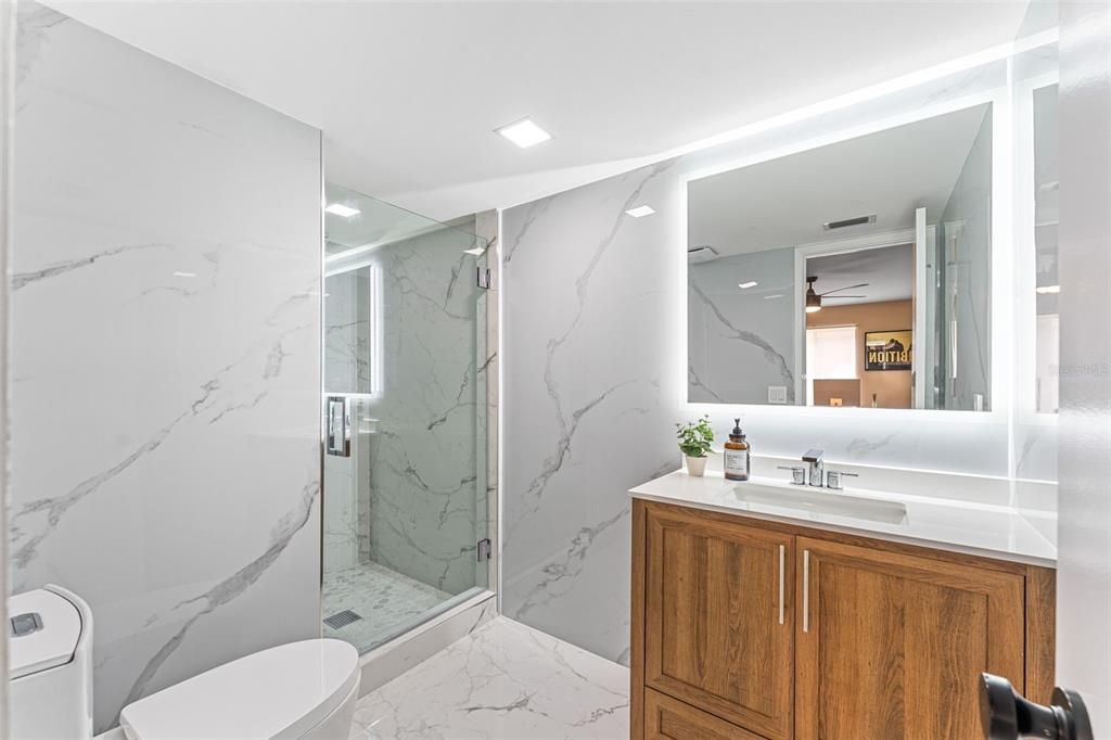 Bathroom, Glass Shower, Interior, Marble, Marble Walls, Recessed Lighting