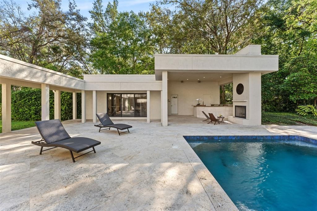 Exterior, Fireplace, Pool