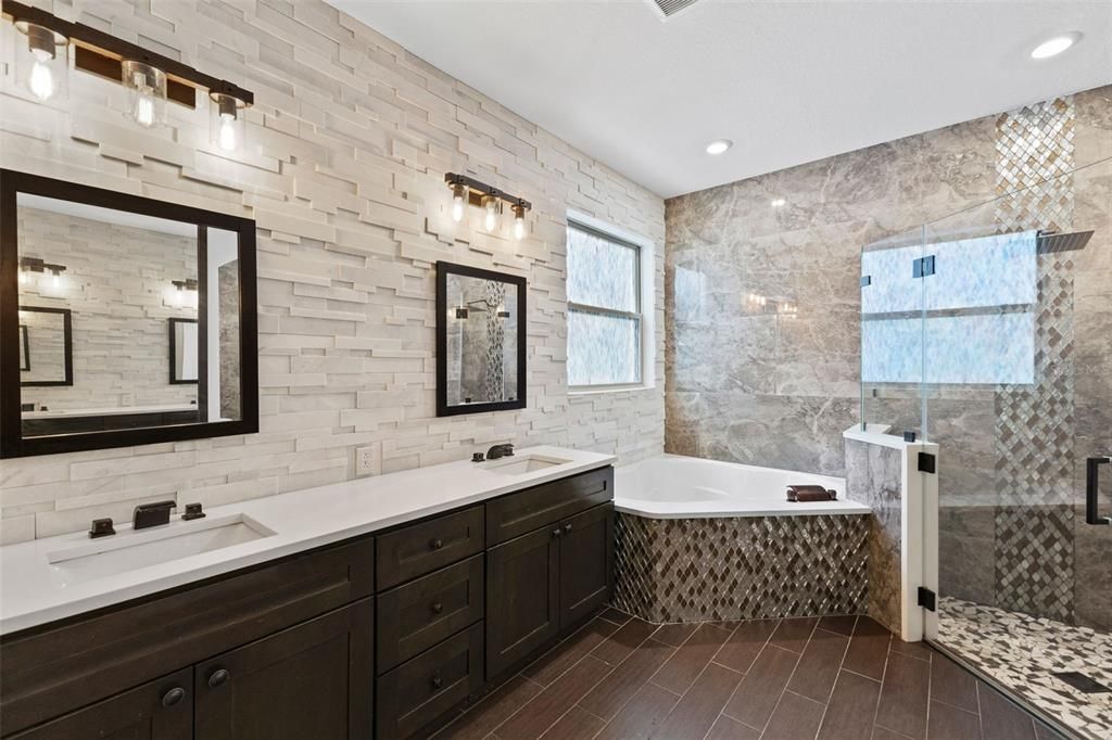 Bathroom, Dual Sink Vanities, Glass Shower, Interior, Recessed Lighting, Wood Texture Flooring