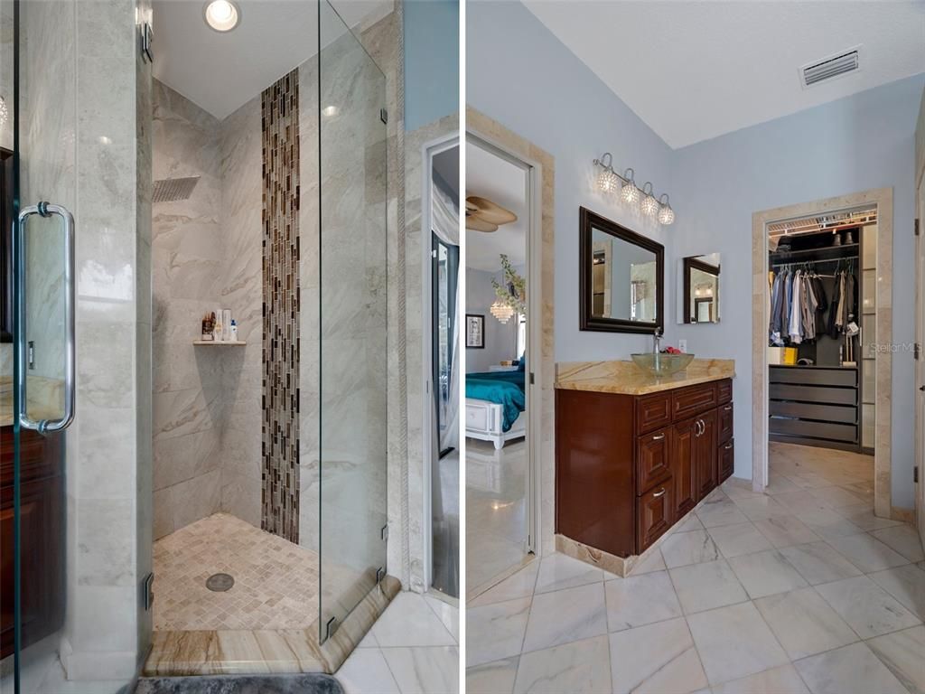 Bathroom, Glass Shower, Interior, Marble, Marble Walls, Recessed Lighting
