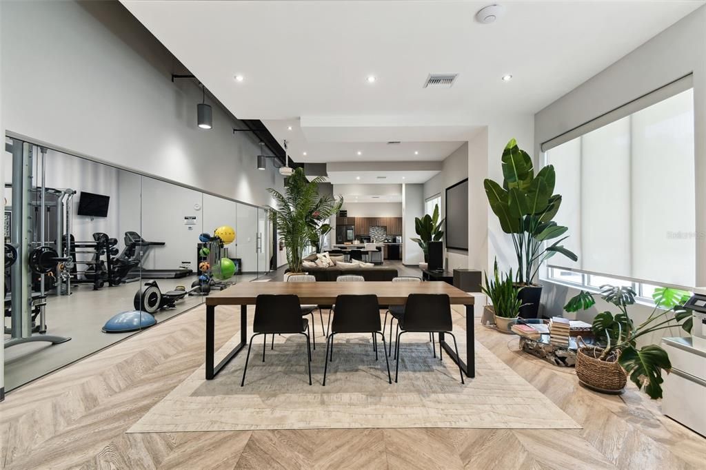 Dining room, Fitness Equipment, Interior, Recessed Lighting, Wood Texture Flooring