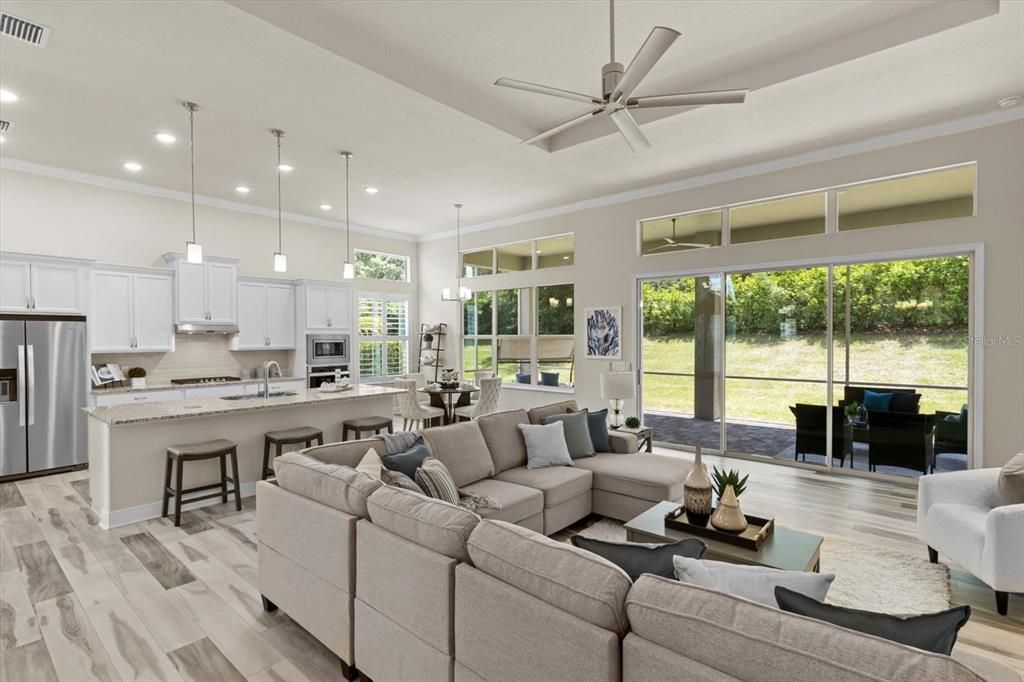 Dining room, Interior, Kitchen, Living room, Pendant Lights, Recessed Lighting, Stainless Steel Appliances, Wood Texture Flooring