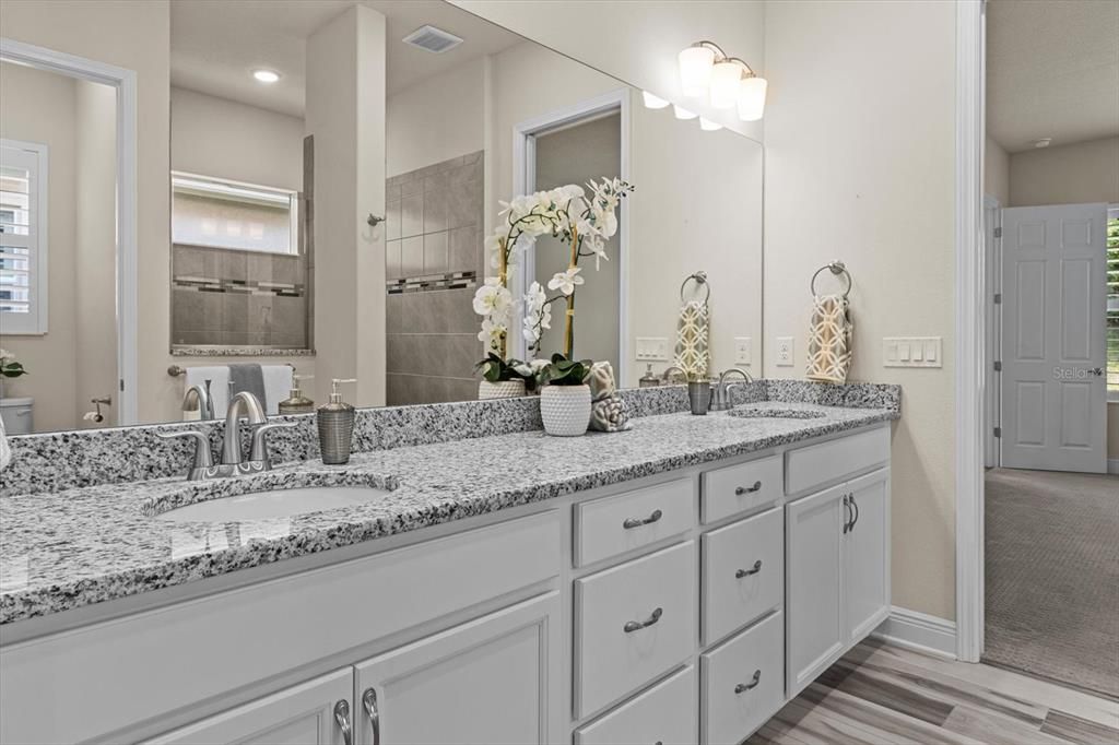 Bathroom, Dual Sink Vanities, Interior, Recessed Lighting, Wood Texture Flooring