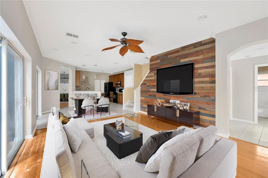 Dining room, Interior, Kitchen, Living room, Wood Texture Flooring, Wooden Walls