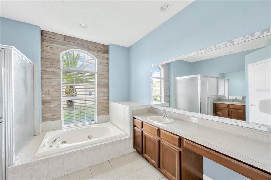Bathroom, Dual Sink Vanities, Interior, Recessed Lighting, Wooden Walls