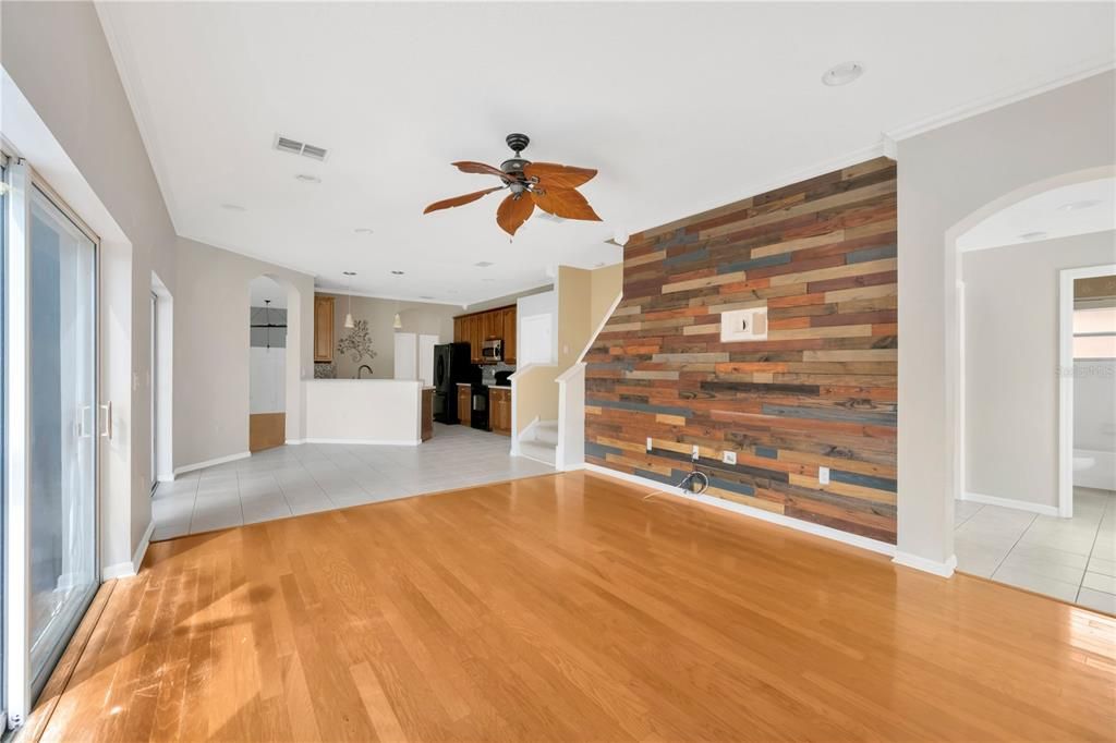 Empty room, Interior, Kitchen, Recessed Lighting, Wood Texture Flooring, Wooden Walls