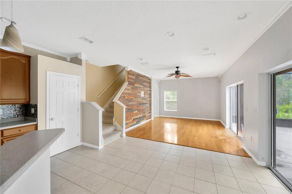 Empty room, Interior, Recessed Lighting, Stone Walls, Wood Texture Flooring