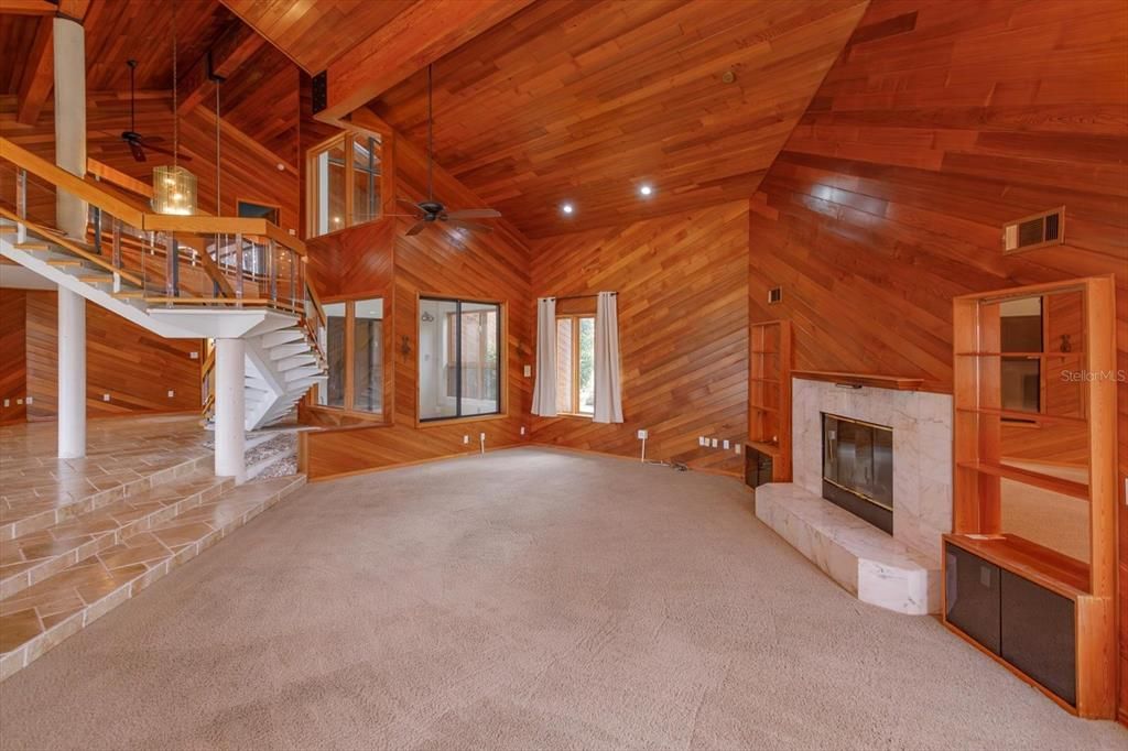 Fireplace, Interior, Pendant Lights, Recessed Lighting, Wooden Ceilings, Wooden Walls