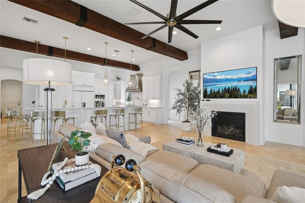 Fireplace, Interior, Kitchen, Living room, Pendant Lights, Recessed Lighting, Wooden Beams