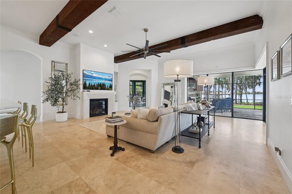 Fireplace, Interior, Living room, Recessed Lighting, Wooden Beams