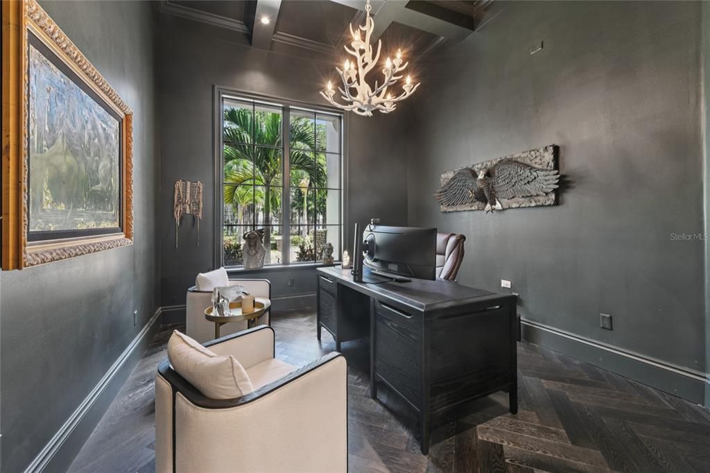 Chandelier, Home Office, Interior, Recessed Lighting, Wooden Beams, Wood Texture Flooring
