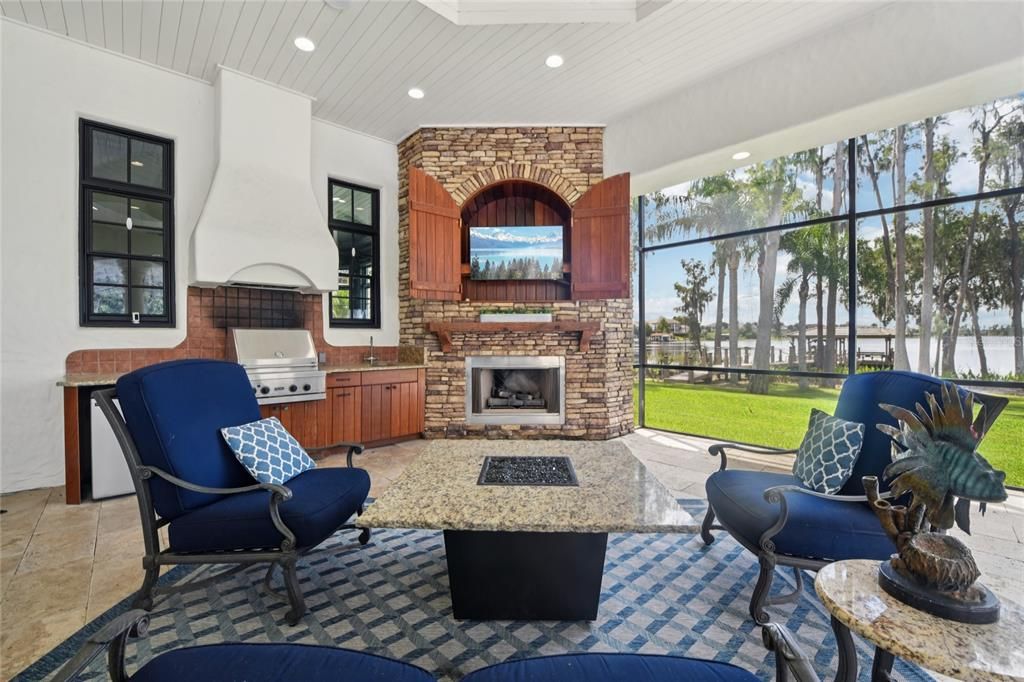 Fireplace, Interior, Living room, Recessed Lighting, Sun Room
